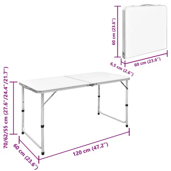 Kokkupandav reguleeritava kõrgusega matkalaud, alumiinium, valge, 120 x 60 cm - 6