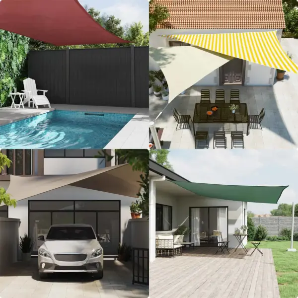 Kolmnurkne päikesepuri terrassile, kollane-valge, 2,5 x 2,5 x 3,5 m – 2