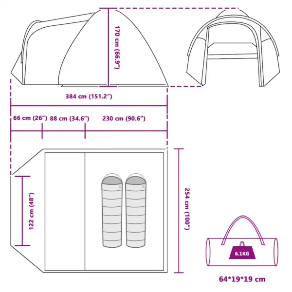 Kuppeltelk 6 inimesele esiku ja õhuavaga, sinine, 384 x 254 x 170 cm – 11