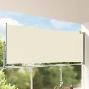 Lahtitõmmatav terrassi ja rõdu külgsein, 140 x 300 cm, kreemjas, PU-kattega polüester, hall rauast alus