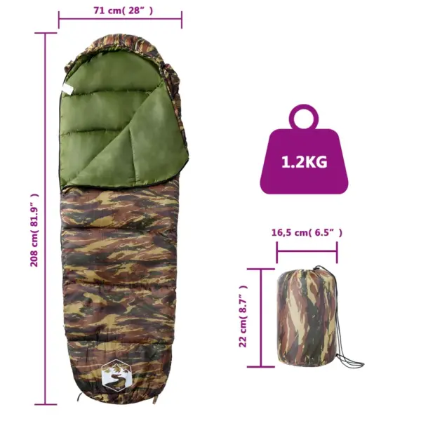 Muumia magamiskott täiskasvanule, kamuflaaž, 3 hooaega, 208 x 71 cm – 5