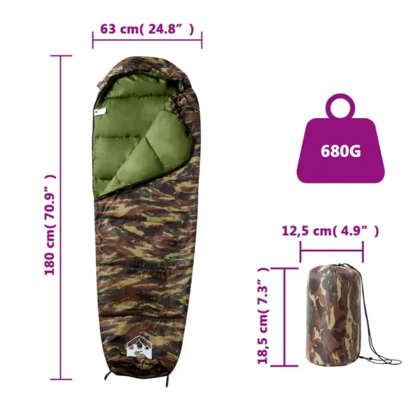 Muumia stiilis täiskasvanute magamiskott matkamiseks, kamuflaaž, 3 hooaega, 180 x 63 cm – 5