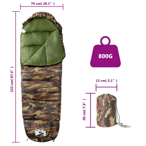 Muumia stiilis magamiskott täiskasvanutele, kamuflaaž, 3 hooaega, 222 x 74 cm – 5