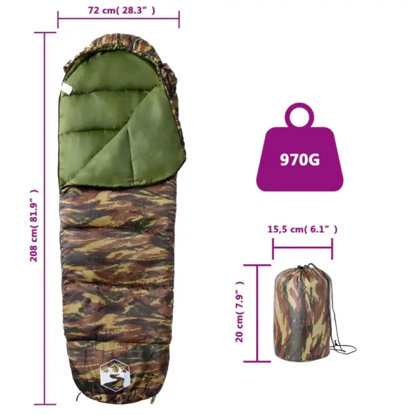 Muumia kujuga täiskasvanute magamiskott matkamiseks, kamuflaaž, 3-hooajane, 208 x 72 cm – 5