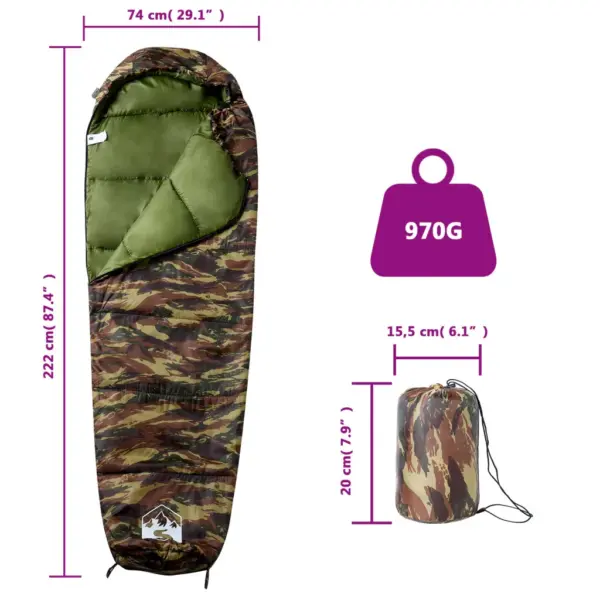 Muumia stiilis täiskasvanute magamiskott matkamiseks, kamuflaaž, 3 hooaega, 222 x 74 cm – 5