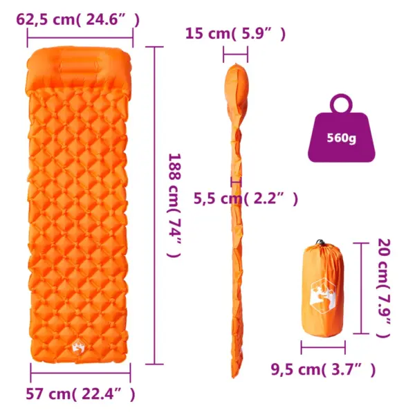 Täispuhutav matkamadrats padjaga, 1 inimesele, oranž, 188 x 62,5 x 5,5 cm – 6