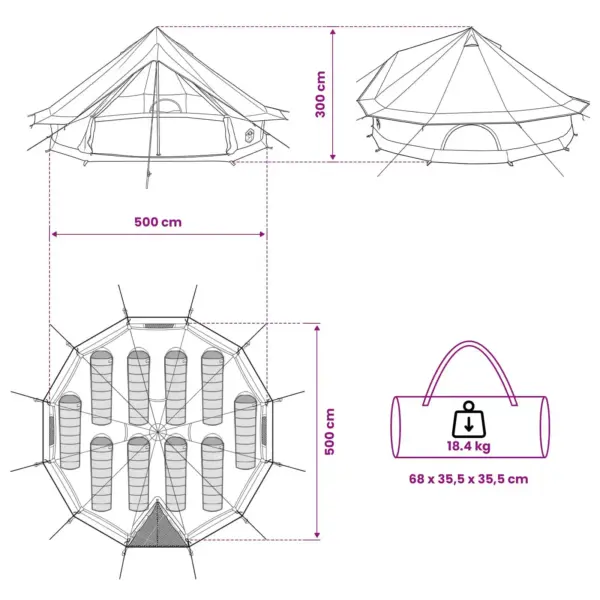 Veekindel peretelk 10 inimesele, kreemjas, 185T polüester PU-kattega, 500 x 500 x 298 cm – 11