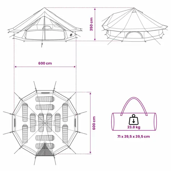 Veekindel peretelk 12 inimesele, kreemjas 185T polüester PU-kattega, 600 x 600 cm – 11