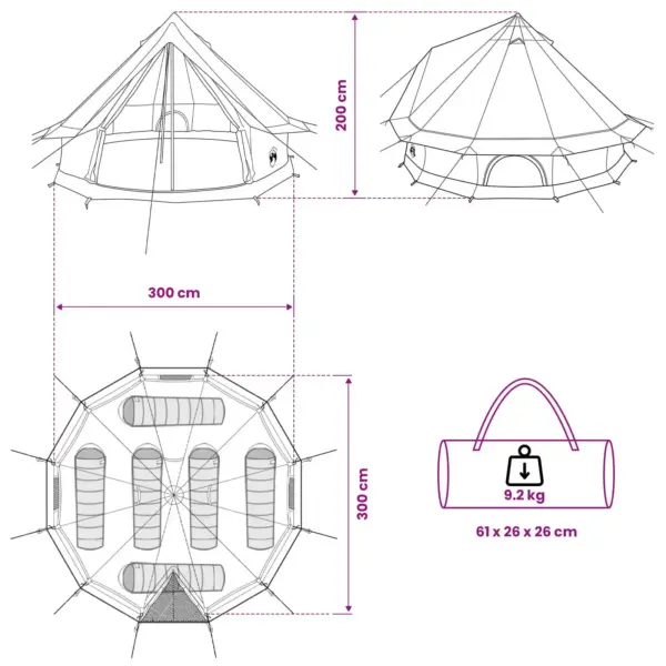 Peretelk 6 inimesele, armeeroheline, 185T polüester PU-kattega, 300 x 300 x 198 cm - 11
