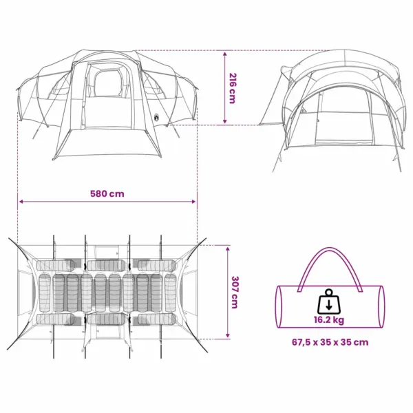 Peretelk tunnelkonstruktsiooniga vihmakattega, veekindel, hall/oranž, 10 inimesele, 580 x 307 x 208 cm – 11
