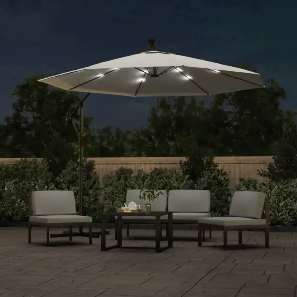 Rippuv päikesevari LED-tuledega, 300 cm, liivakarva, metallpostiga – 3
