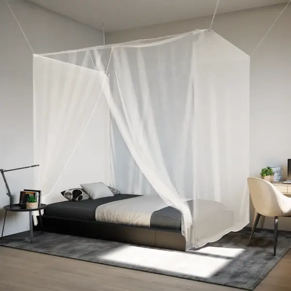 Rippuv ristkülikukujuline sääsevõrk voodile, valge polüester, 220 x 120 x 150 cm – 3