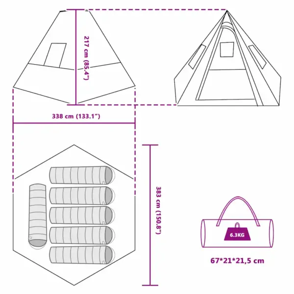 Roheline tipi telk 6-le, õhuavaga, taft, 383 x 338 x 217 cm – 11