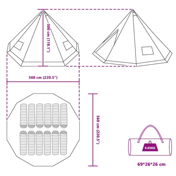 Suur tipi telk õhuava ja E-portiga, roheline taftkangas, 12-le, 560 x 560 x 300 cm – 11