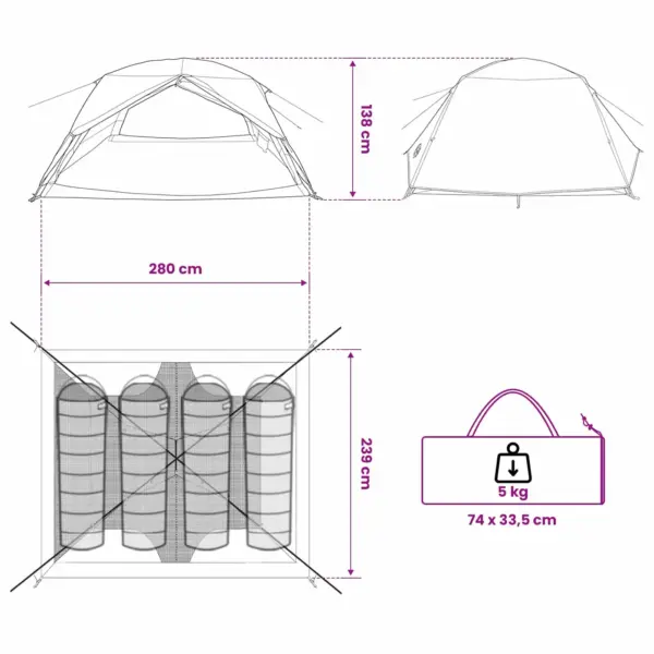 Seljakotitelk 4 inimesele, roheline, 185T polüester PU-kattega, 280 x 239 x 138 cm – 12