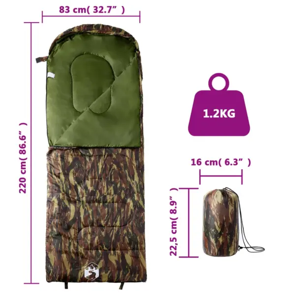 Täiskasvanute kamuflaaž magamiskott 3–4 hooajaks, 220 x 83 cm, 190T polüester, PP-vatiiniga, kandekotiga – 5