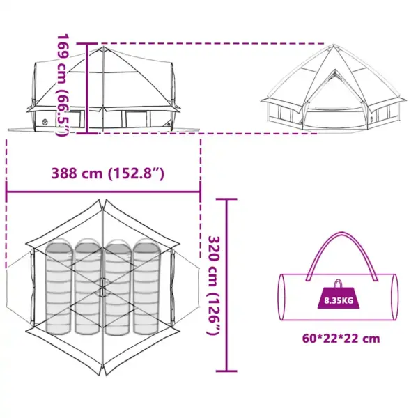 Vettpidav teepee telk 4 inimesele, hall ja oranž, 388 x 320 x 169 cm – 12