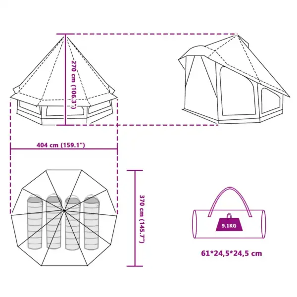 Tipi stiilis peretelk katusega, 6-le, hall ja oranž taft, 404 x 370 x 270 cm – 12