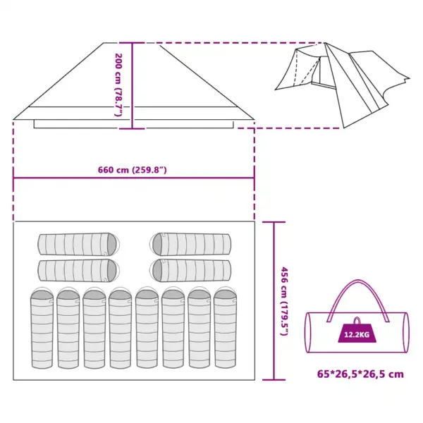 Tipi stiilis peretelk katusega, roheline taft, 12-le, 660 x 456 x 200 cm – 12
