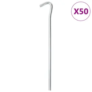 Tsingitud terasest telgivaiad konksuga, 50 tk, hõbedased, 23 cm, Ø 7 mm