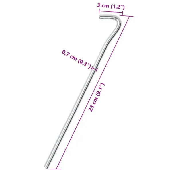Tsingitud terasest telgivaiad konksuga, 50 tk, hõbedased, 23 cm, Ø 7 mm – 5
