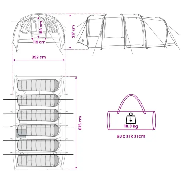 Tunnelitelk 10-le, hall ja oranž, veekindel 185T polüester, 675 x 392 x 210 cm – 11