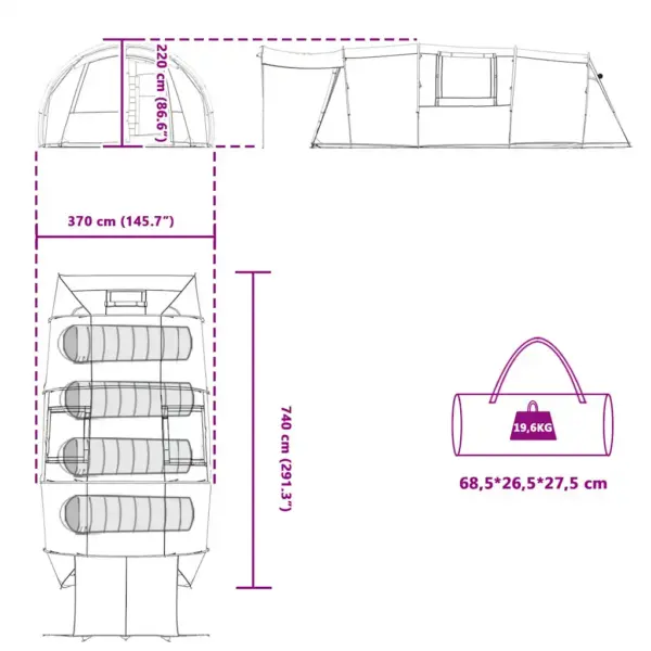 Tunnelitelk 4 inimesele verandaga, roheline/valge, 740 x 370 x 220 cm – 13