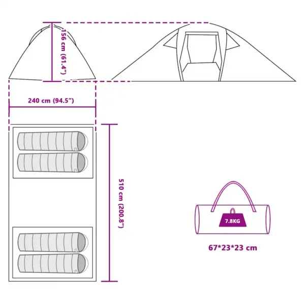 Tunnelitelk 4-le õhuava ja E-pordiga, roheline, 510 x 240 x 156 cm, taft – 10