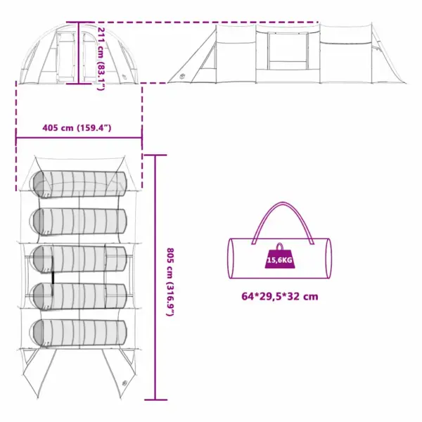 Tunnelitelk 5 inimesele, sinine ja hall, 805 x 405 x 211 cm – 12