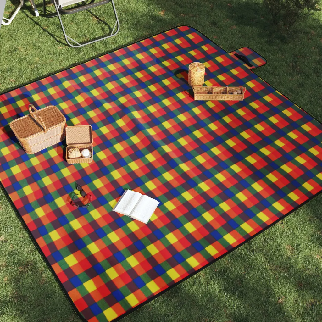 Veekindel kokkupandav piknikutekk kandekotiga, mitmevärviline ruudumuster, samet, 200 x 200 cm