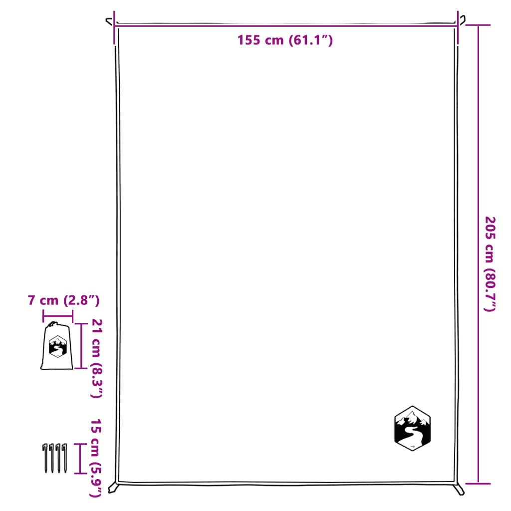 Veekindel piknikutekk kinnitusvaiade ja kandekotiga, sinine, 205 x 155 cm