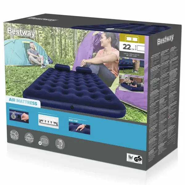 Bestway kahekohaline veluurkattega õhkmadrats padjade ja pumbaga, tumesinine, 203 x 152 x 22 cm - 7