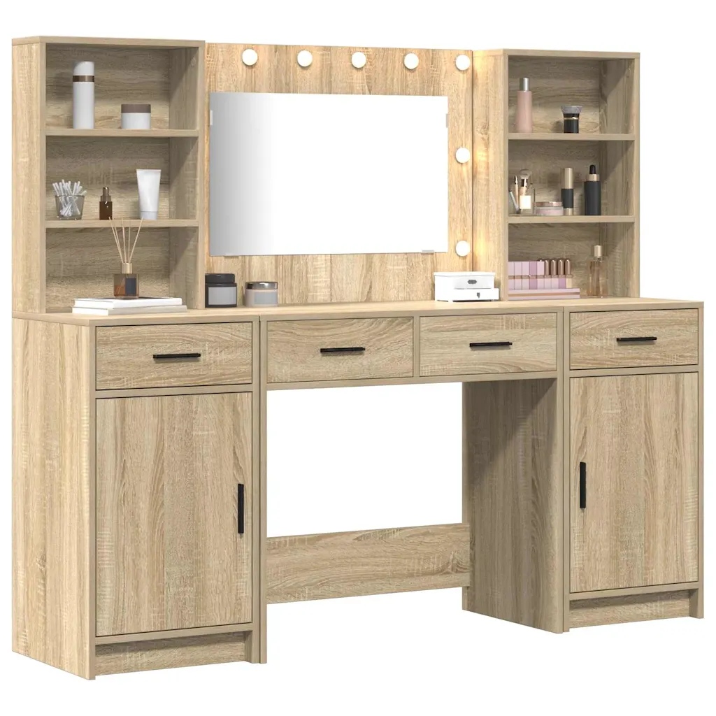 3-osaline kosmeetikalaudade komplekt LED-peegliga, Sonoma tamm, tehispuit, 158,5 x 41 x 135 cm
