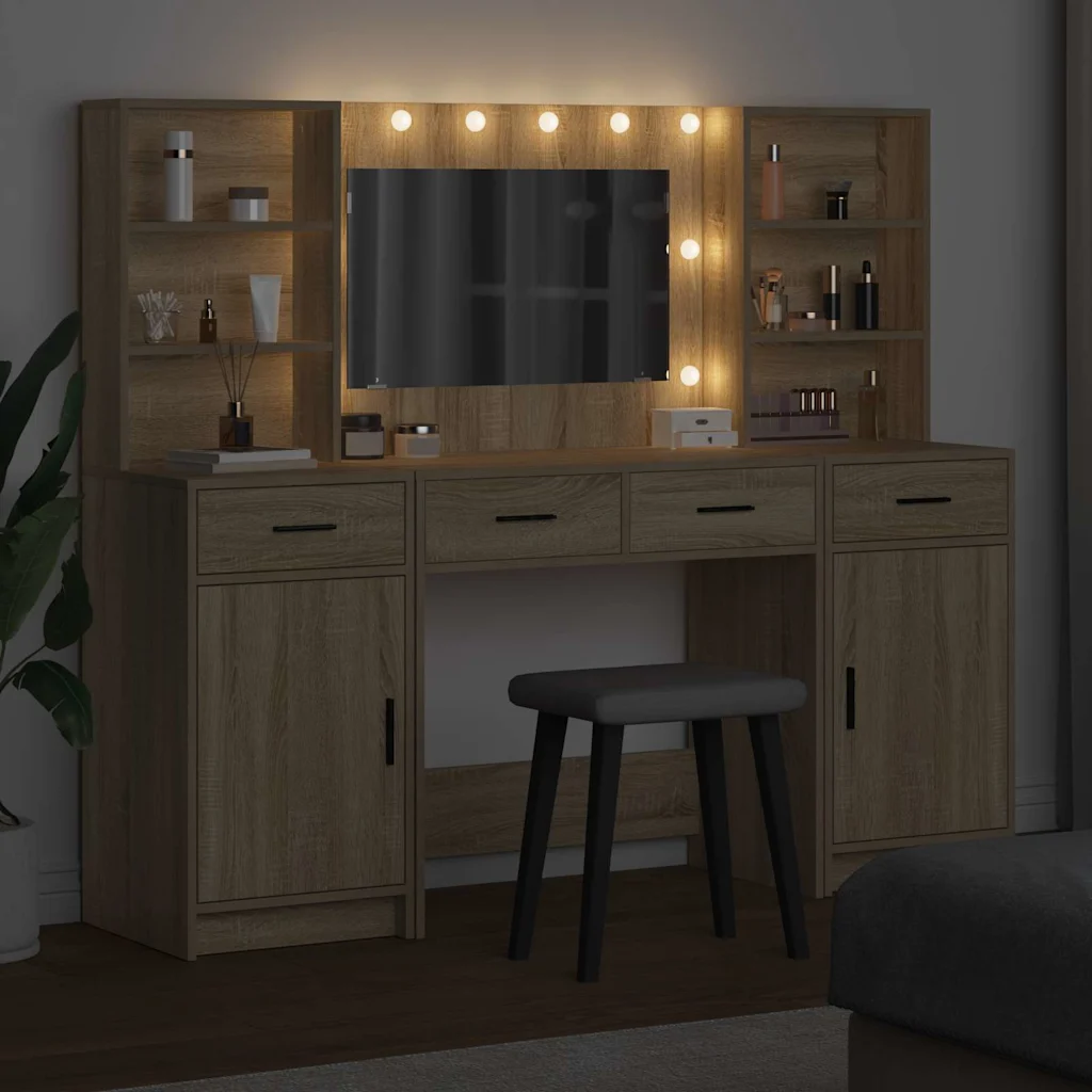 3-osaline kosmeetikalaudade komplekt LED-peegliga, Sonoma tamm, tehispuit, 158,5 x 41 x 135 cm