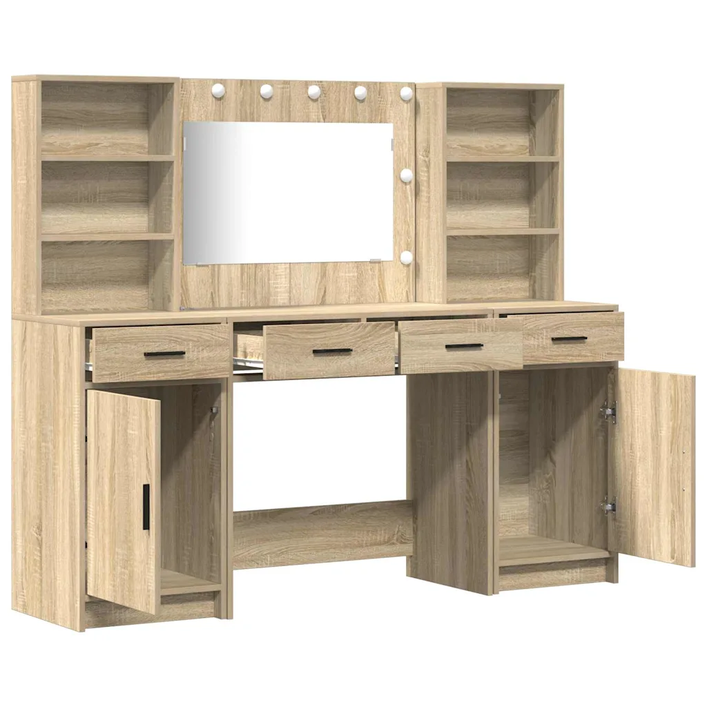 3-osaline kosmeetikalaudade komplekt LED-peegliga, Sonoma tamm, tehispuit, 158,5 x 41 x 135 cm