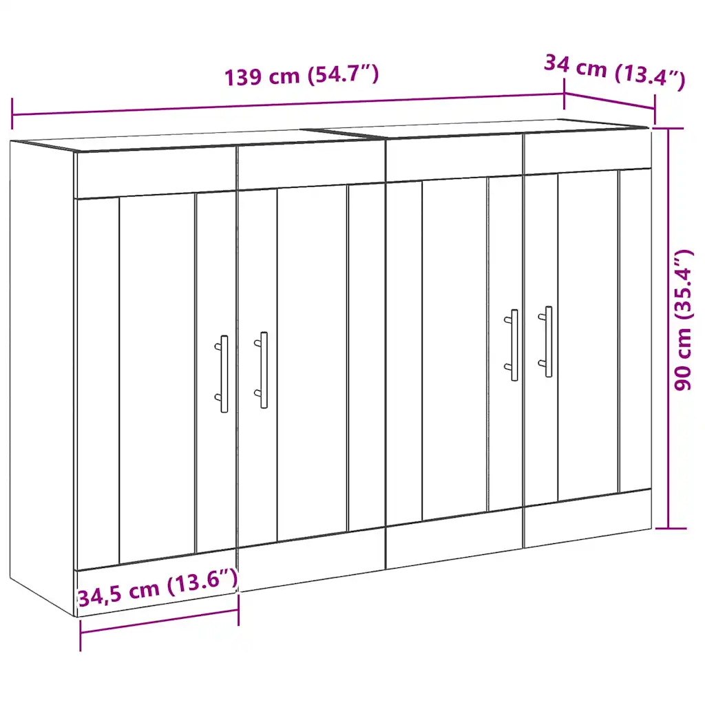 4-ukselised seinakapid klaasustega, 2 tk, must tamm, tehispuit, 69,5 x 34 x 90 cm