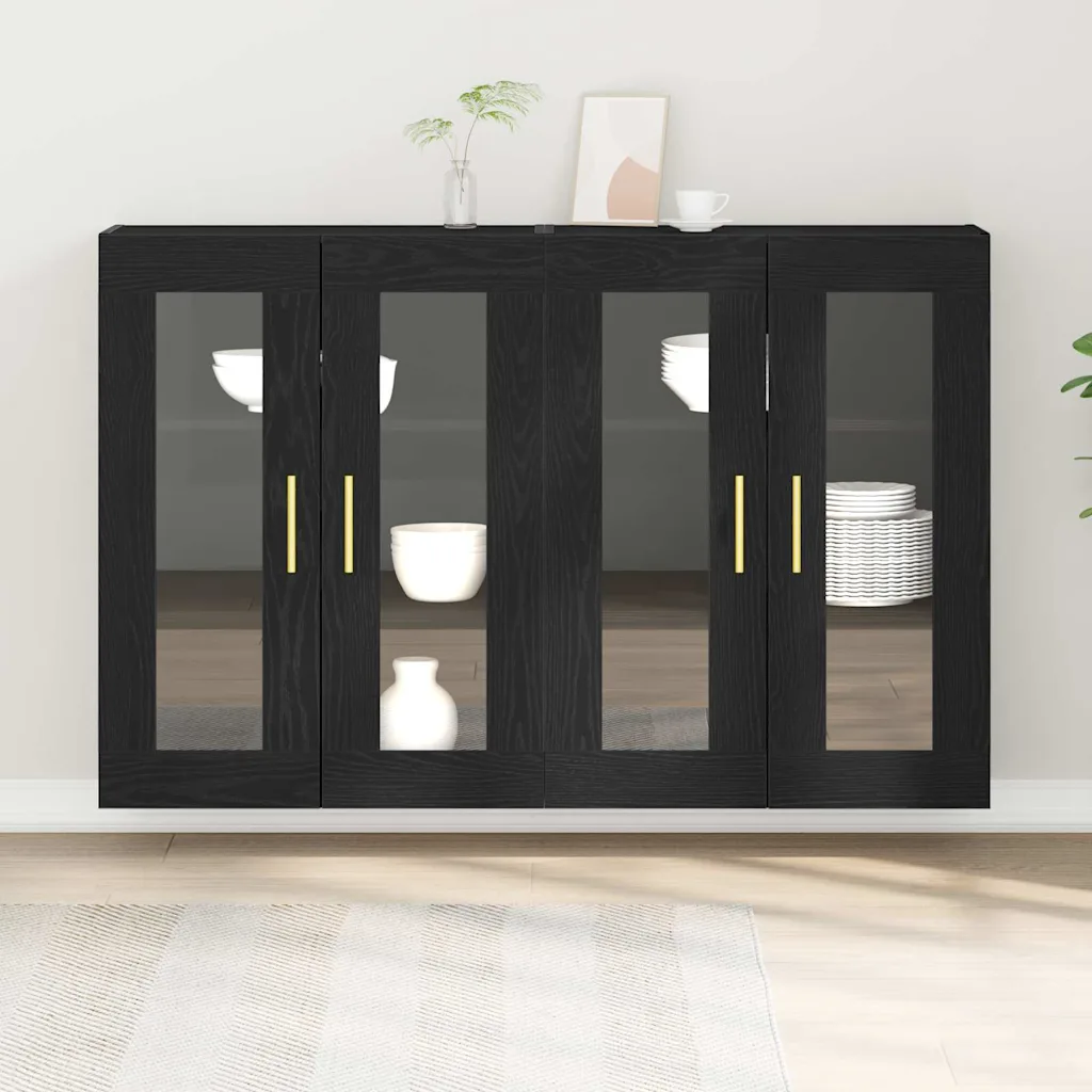 4-ukselised seinakapid klaasustega, 2 tk, must tamm, tehispuit, 69,5 x 34 x 90 cm