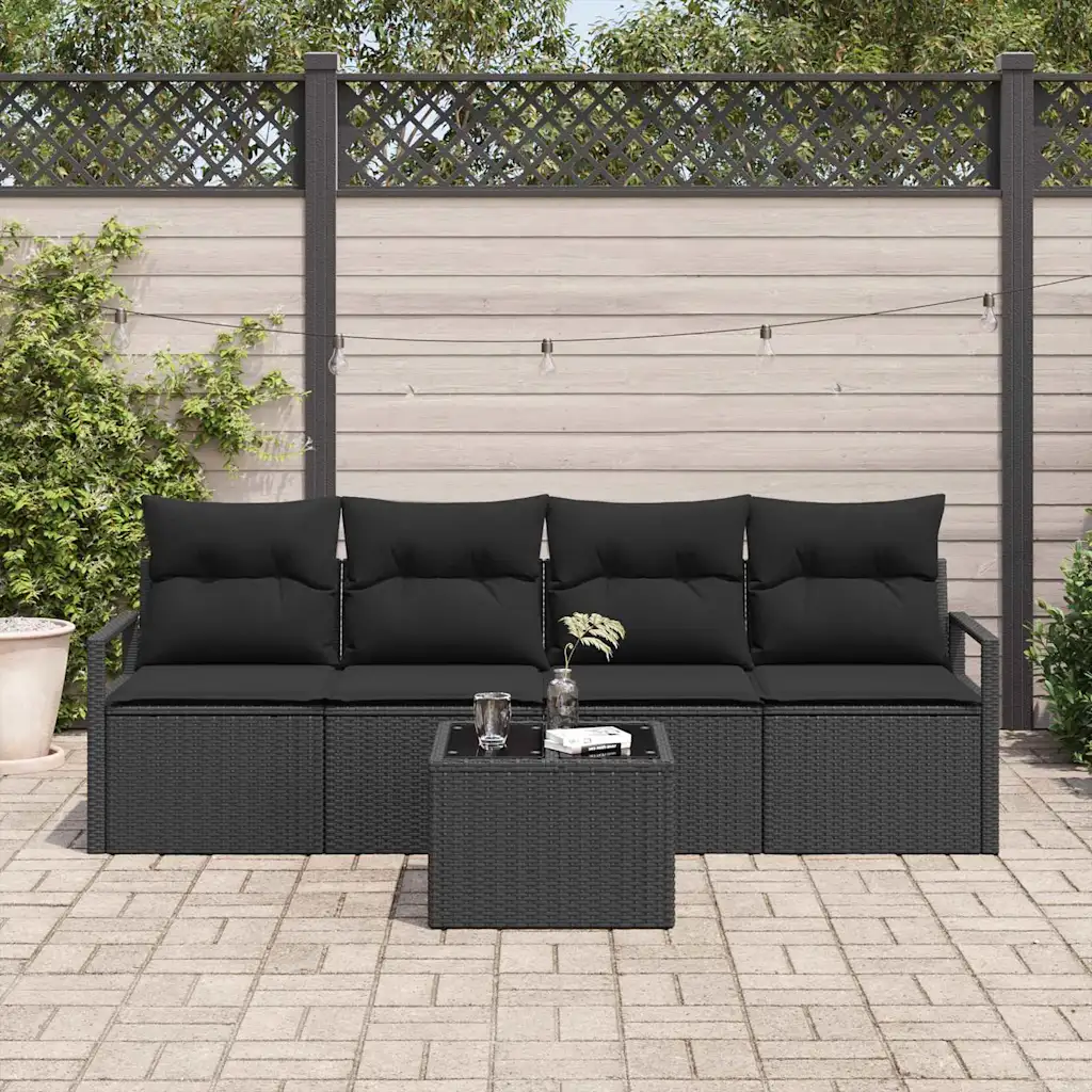 5-osaline aiamööbli diivanikomplekt mustast polürotangist, diivan 230 x 62 x 85 cm