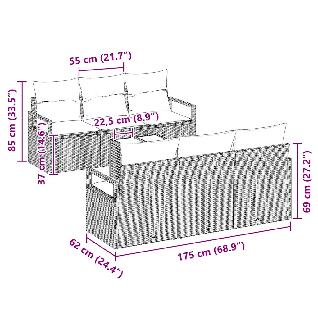 Modulaarne 7-osaline aiadiivani komplekt patjadega, beež ja hall polürotang