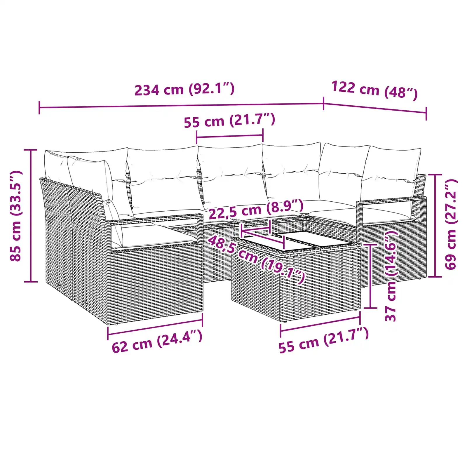 7-osaline pruun polürotangist aiadiivanite komplekt punaste patjadega, laud 55 x 55 x 37 cm