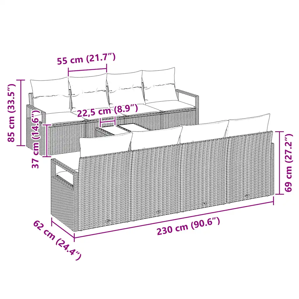 7-osaline modulaarne aia diivanikomplekt patjadega, hall polürotang, laud 55 x 55 cm