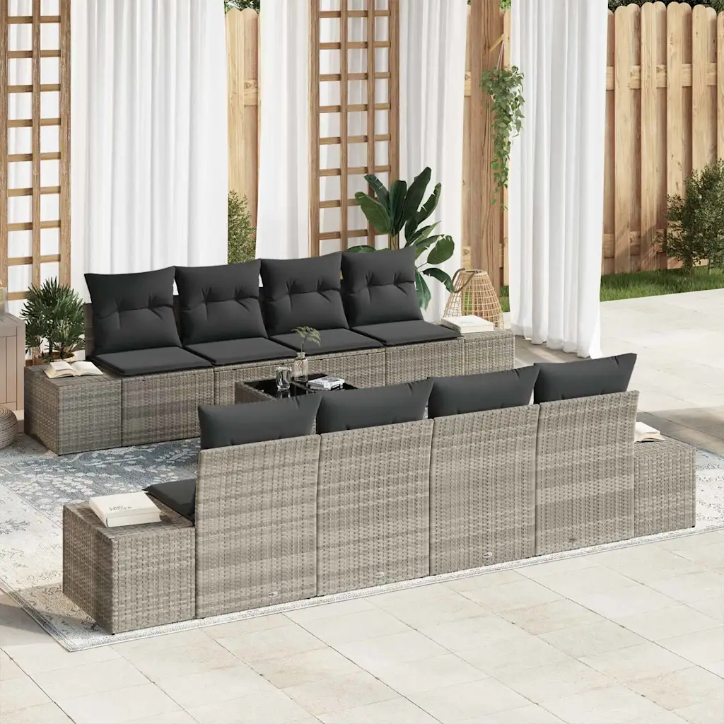 7-osaline modulaarne aiamööbli diivanikomplekt patjadega, helehall polürotang, laud 55 x 55 x 37 cm