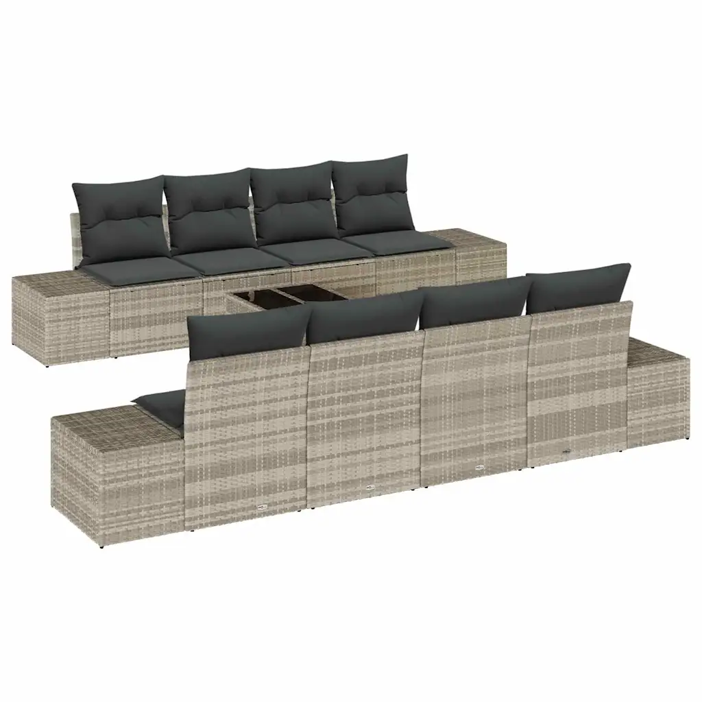 7-osaline modulaarne aiamööbli diivanikomplekt patjadega, helehall polürotang, laud 55 x 55 x 37 cm