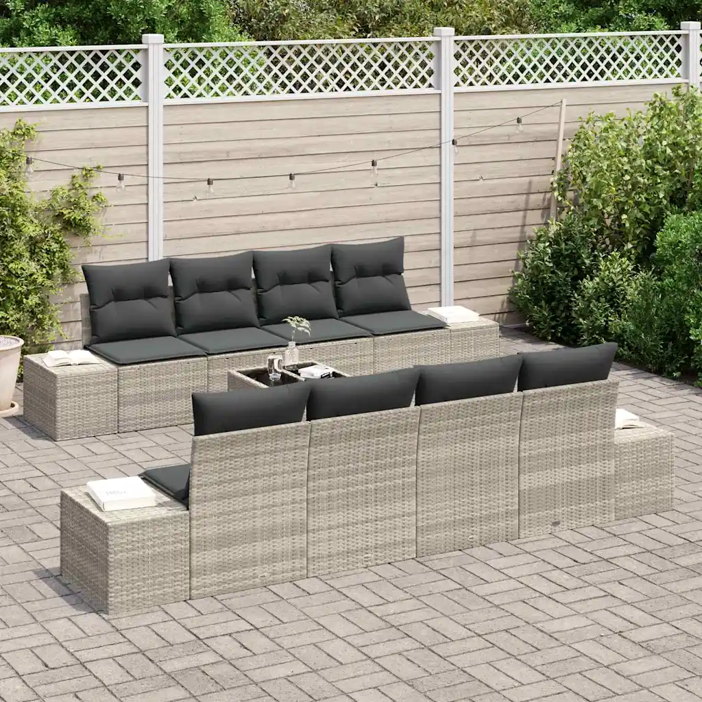 7-osaline modulaarne aiamööbli diivanikomplekt patjadega, helehall polürotang, laud 55 x 55 x 37 cm