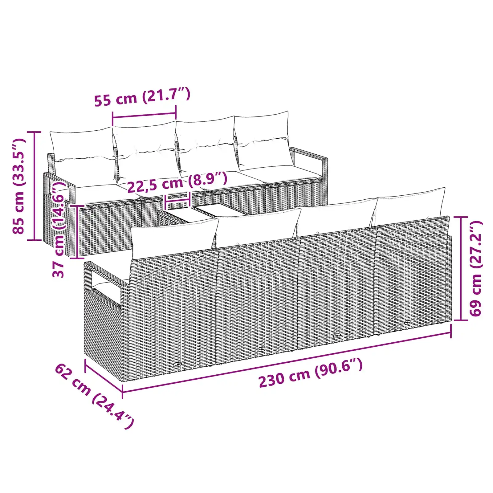 Modulaarne 7-osaline polürotangist aiadiivanikomplekt patjadega, must ja helesinine