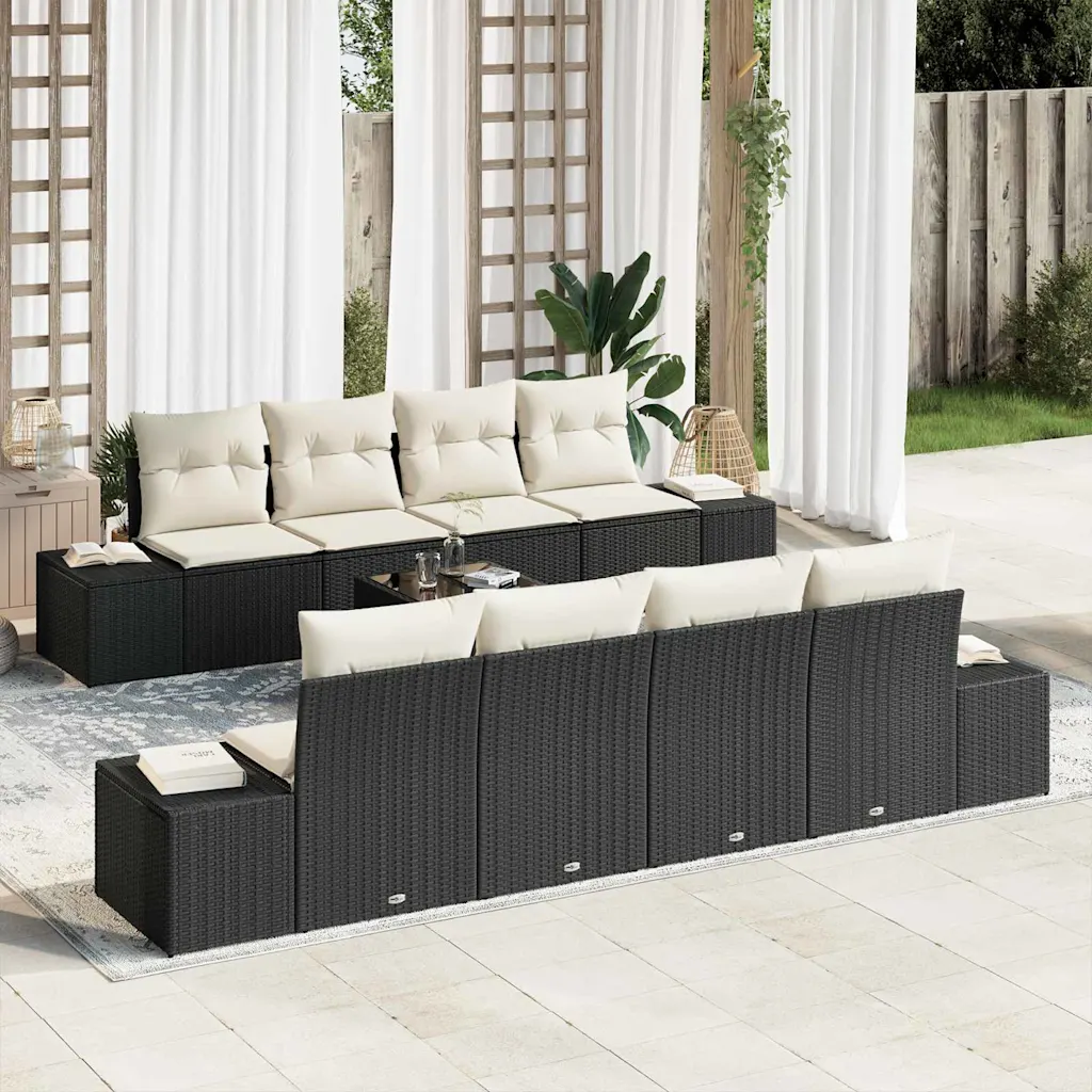 7-osaline modulaarne aiamööbli komplekt patjadega, must ja kreem polürotang, laud 55 x 55 x 37 cm