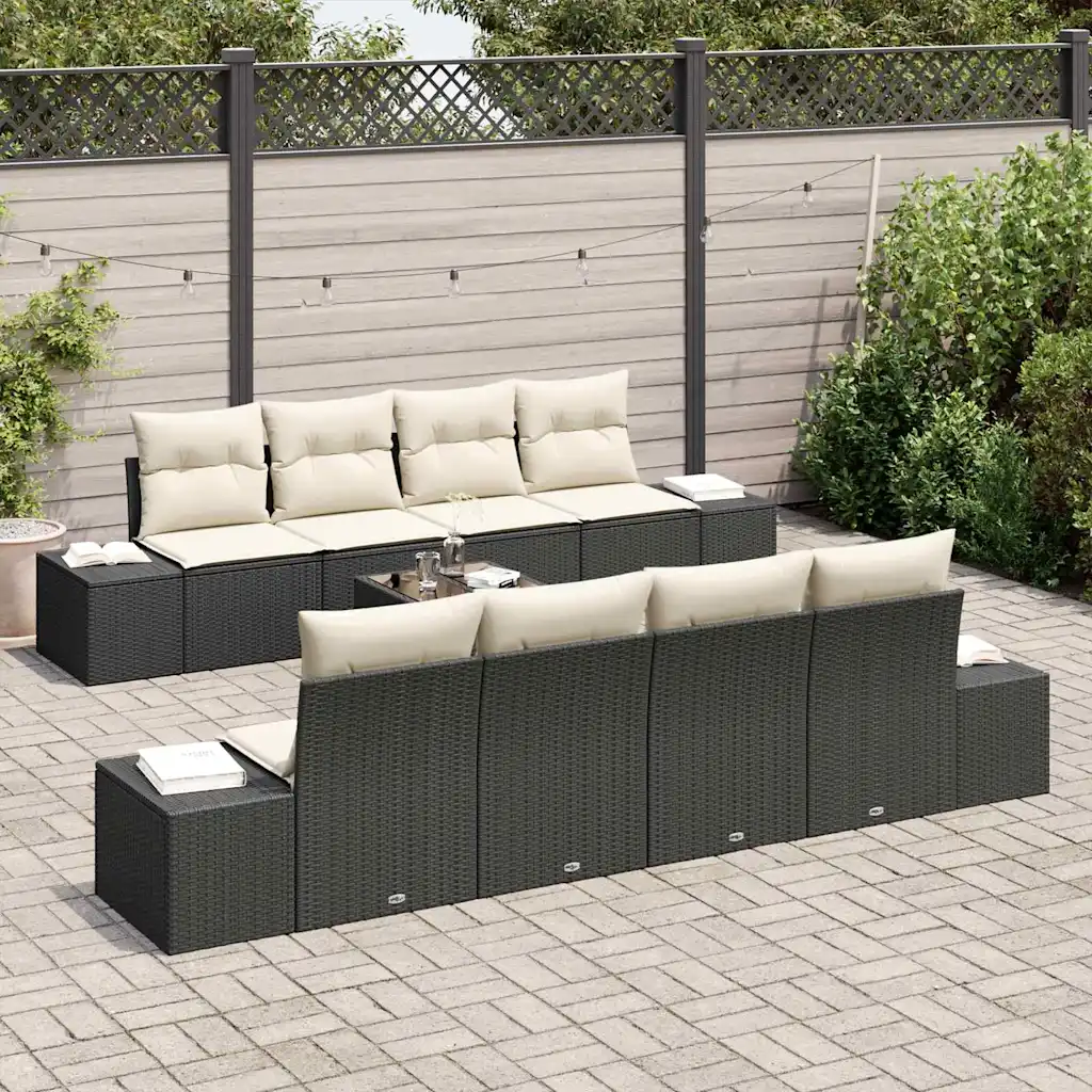 7-osaline modulaarne aiamööbli komplekt patjadega, must ja kreem polürotang, laud 55 x 55 x 37 cm