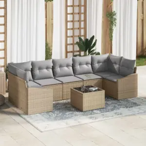 8-osaline aiamööbli diivanikomplekt, modulaarne beež polürotang, heledhallid padjad, reguleeritava kõrgusega laud 55 x 55 x 37 cm