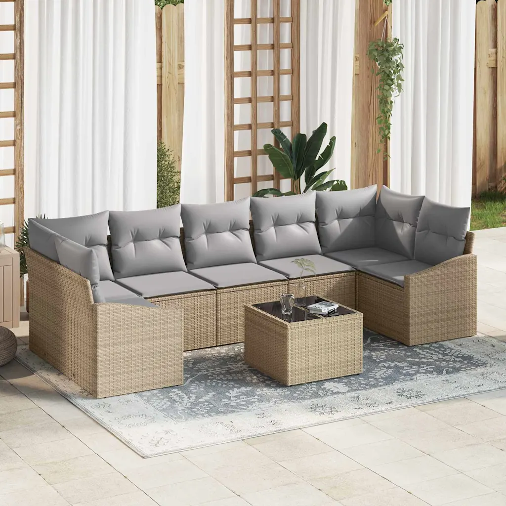 8-osaline aiamööbli diivanikomplekt, modulaarne beež polürotang, heledhallid padjad, reguleeritava kõrgusega laud 55 x 55 x 37 cm