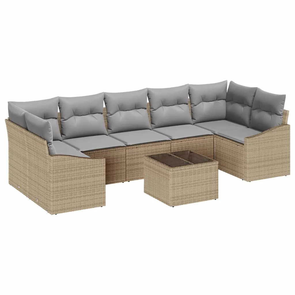 8-osaline aiamööbli diivanikomplekt, modulaarne beež polürotang, heledhallid padjad, reguleeritava kõrgusega laud 55 x 55 x 37 cm